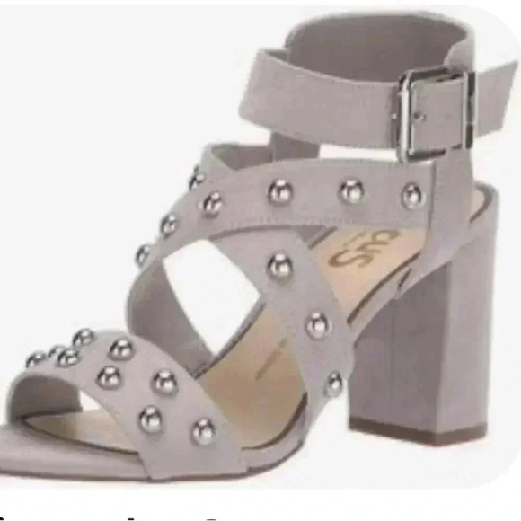 SAM‎ Edelman Circus Sandal Womens 7.5 Grey Leather Buckle Block Heel Studs - Picture 1 of 8